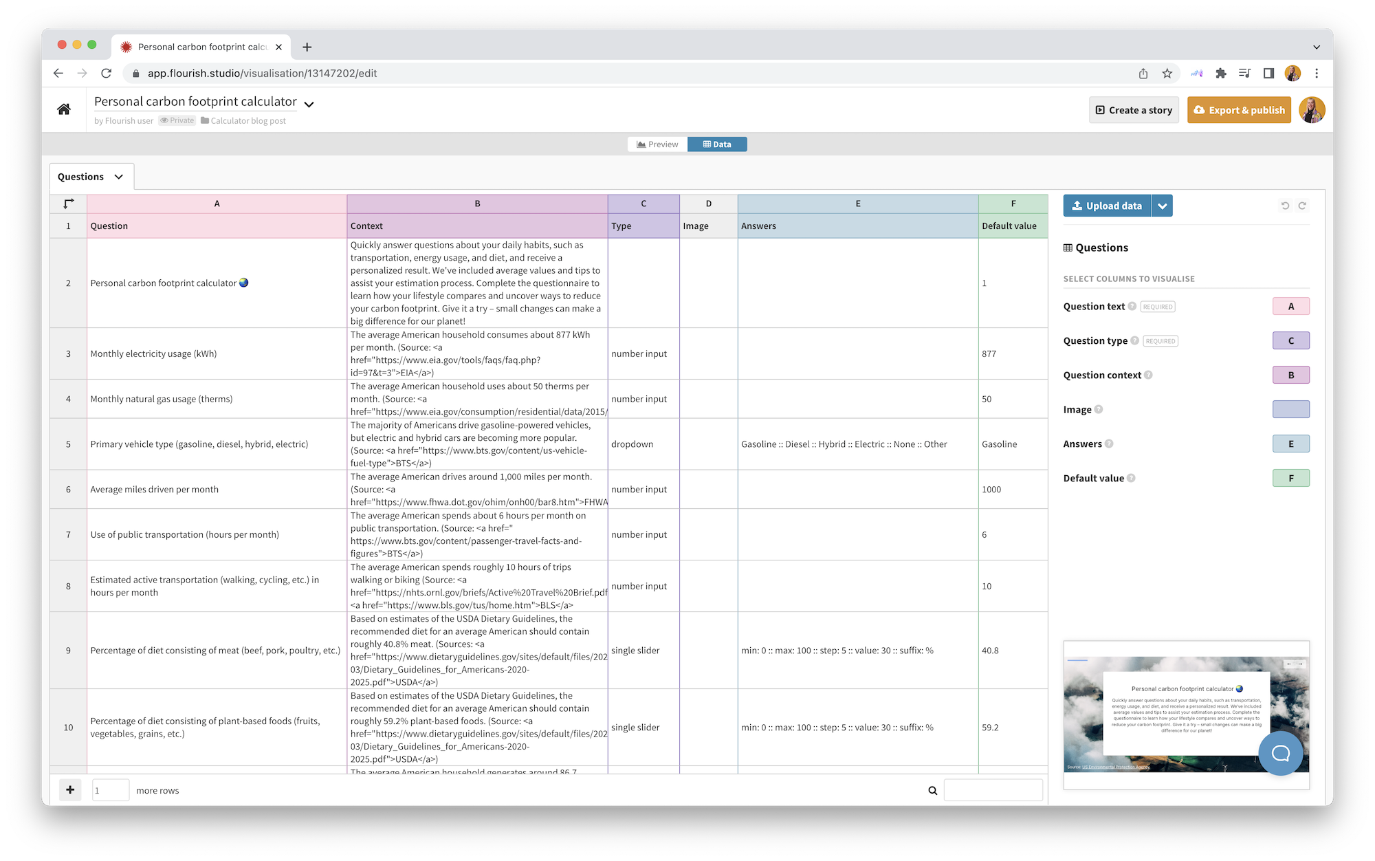 The template requires only a simple spreadsheet of data, where each row represent a question and each column some metadata for that question, including the question type, answer options and fallback answers.