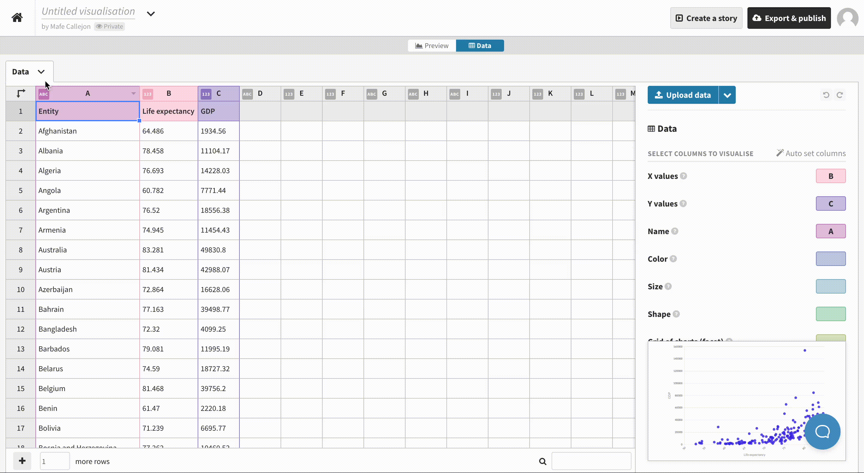 GIF showing how to upload data to the Flourish data tab