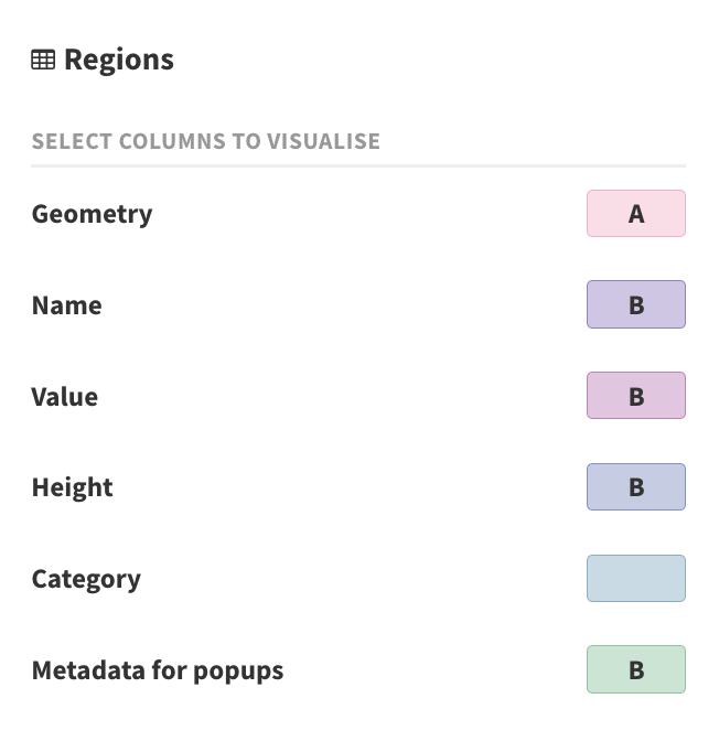 The column bindings for the 3D Map in Flourish